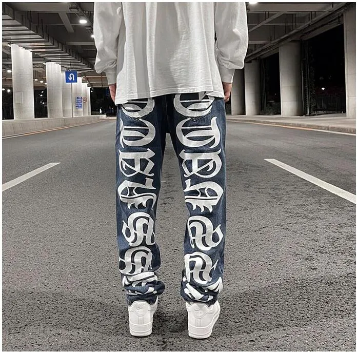 Gothic Printed Straight Leg Mens Jeans | Loose From Xichat