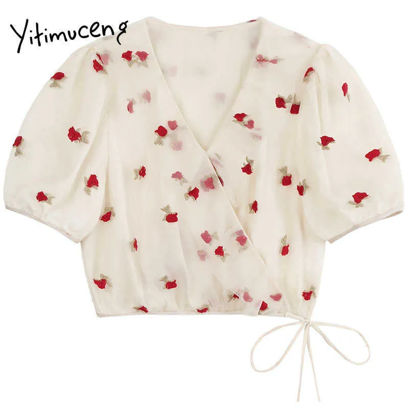 Yitimuceng Gauze Blouse Women Solid Shirts Summer Short Puff Sleeve V-Neck Floral Bow Fashion Clothes Tops Office Lady 210601