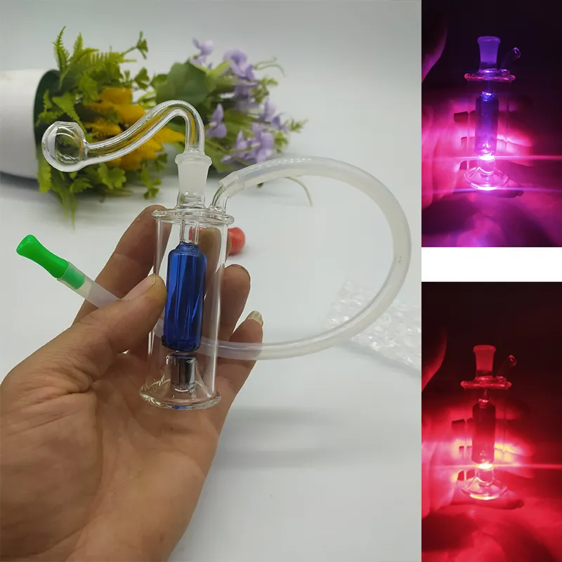 Neue LED-Glas-Ölbrenner-Bong-Wasserpfeifen, kleine Bubbler-Bong, 9,9 cm Höhe, Mini-Öl-Dab-Rigs zum Rauchen von Wasserpfeifen mit 10 mm Glas-Ölbrenner-Rohr und Schlauch
