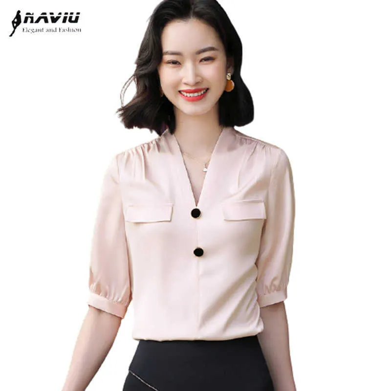 Été Rose Chemise Femmes Mousseline De Soie Mode Tempérament V Cou Demi Manches Blouses Bureau Dames Travail Tops Blanc 210604