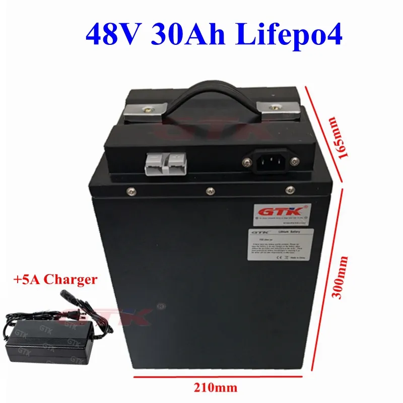 Batteria al litio Lifepo4 impermeabile GTK 48V 30Ah con BMS per scooter bici Triciclo Alimentazione solare di backup + caricabatterie 5A