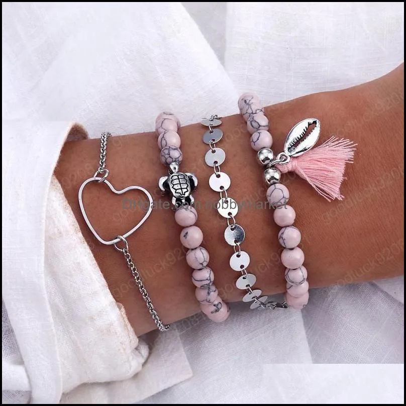 Retro Bohemian Pink Turtle Heart Bracelet Set Trend Female Bracelet Geometric Beads Shell Pendant Bracelet Jewelry