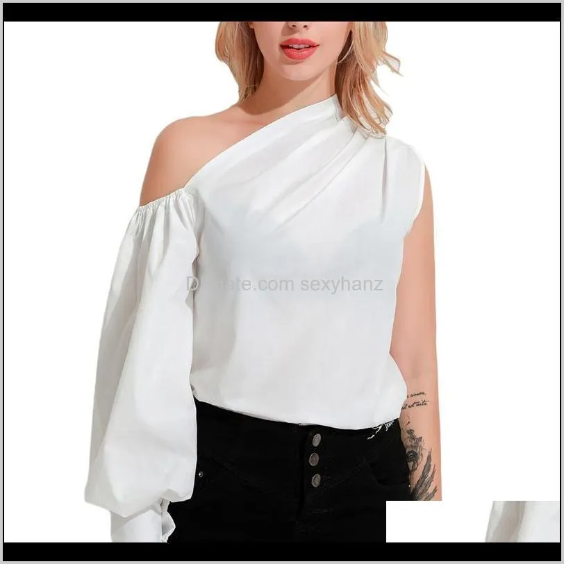 women sexy one shoulder white blouse skew collar lantern sleeve irregular shirts female casual slim solid tops blusas