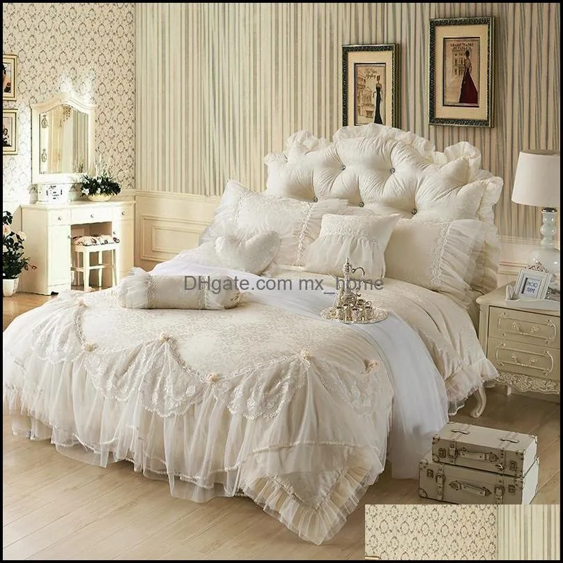 Bedding Sets Cotton Jacquard Lace Princess Bed Set Luxury Wedding Queen King Size Bedlinen Sheet Boho Duvet Cover Bedclothes