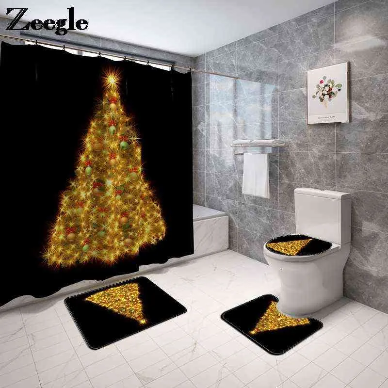 4PCS Printing Bath Carpet Christmas Toilet Seat Cover Mat Bathroom Non-Slip Mat Set Bathroom Mats and Foot Mat