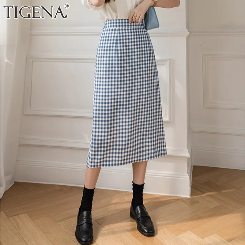 Tigena Vintage Plaid Midi Long Kjol Kvinnor 2021 Sommar Tillbaka Slit Kontrollerad Hög Midja Midlängd Penna Kjol Kvinnor Koreansk Skola X0428