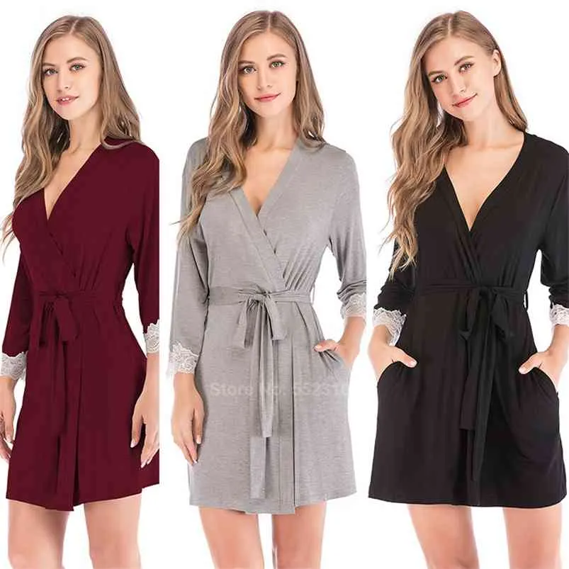 Bridesmaid Robes for Women Modal Cotton Sexy Lace V-neck Lounge Bathrobe with Belt Comfortable Female Home Sleepwear Dressing 210831