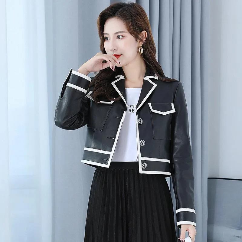 Women's Jackets Black-and-white Contrast Color Small Xiangfeng Leather Jacket Top Layer Sheepskin Short Coat