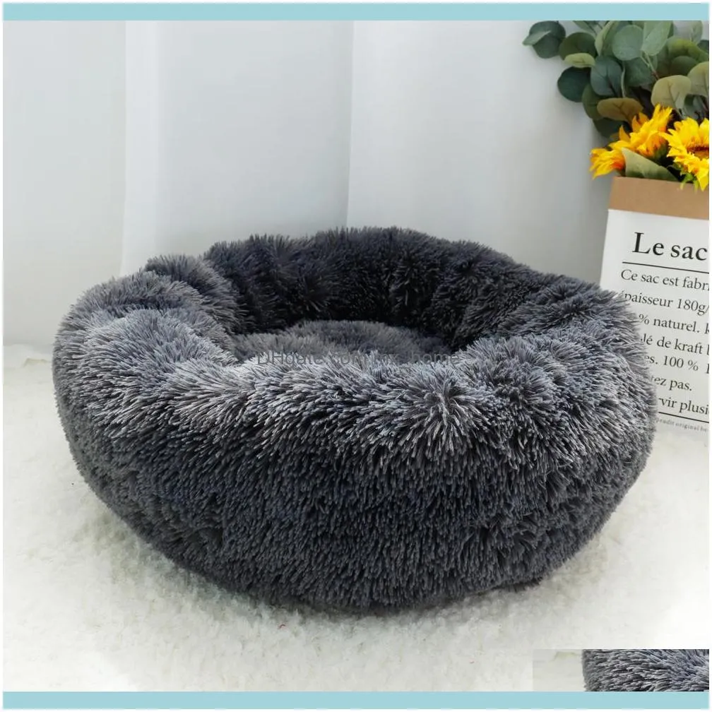 Fluffy Calming Dog Long Plush Donut Pet Hondenmand Round Orthopedic Lounger Sleeping Bag Kennel Cat Puppy Sofa Bed House 201223