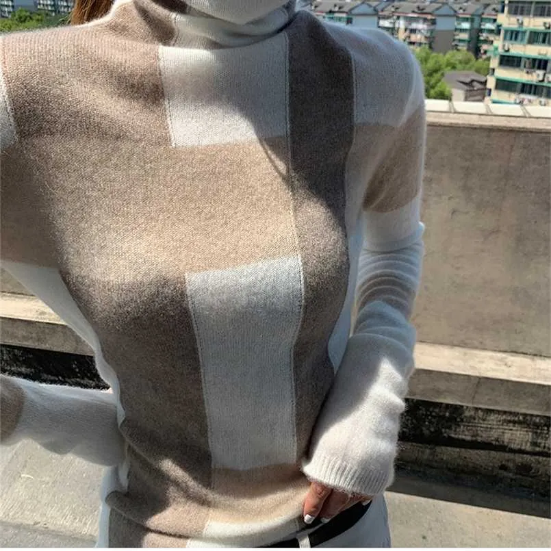 Cashmere Sweater Women's High-Neck Color Matching 100% Pure Wool Pullover Fashion Plus Size Warm Knitted Bottoming Shir 211215