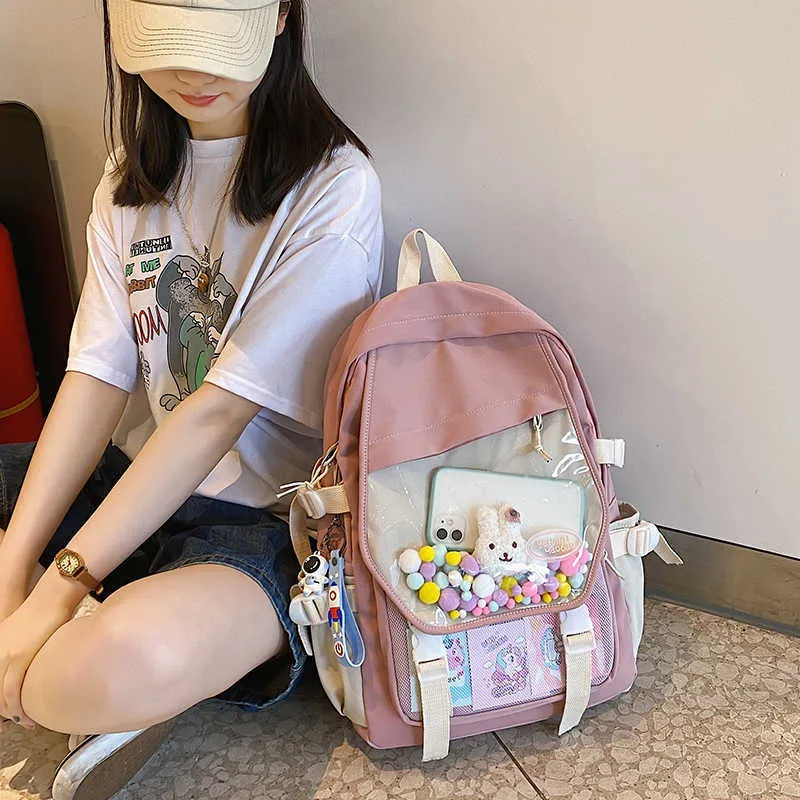 schoolbag 귀여운 소녀 한국어 캠퍼스 스타일 중간 학생 대형 배낭 유행 소녀 휴대용 여행 가방 Y0804
