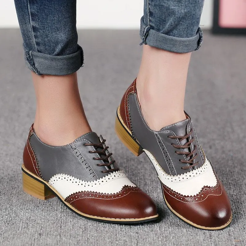 Scarpe eleganti da donna Tacco quadrato basso Stringate singole College Wind Leisure Oxford Retro Punta tonda Brogue