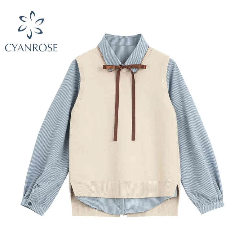 Women's Cute Tops Preppy Style Bow Blouse Knitting Vest Two Pieces Clothing Set Autumn Casual Female Shirt Long Sleeve Elegant 210417