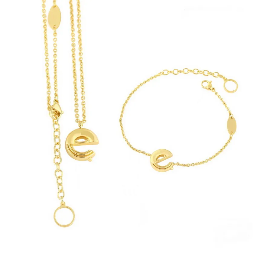 Europe America Fashion Jewelry Sets Lady Womens Gold-color Metal Engraved V Initials 26 Letters Alphabet Pendants Necklace Bracelet Letter e