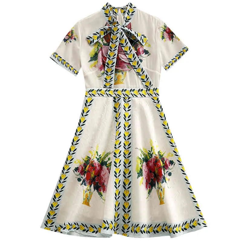 꽃 인쇄 활 칼라 반소매 엠파이어 미니 드레스 여성 지퍼 라인 여름 캐주얼 D1733 210514