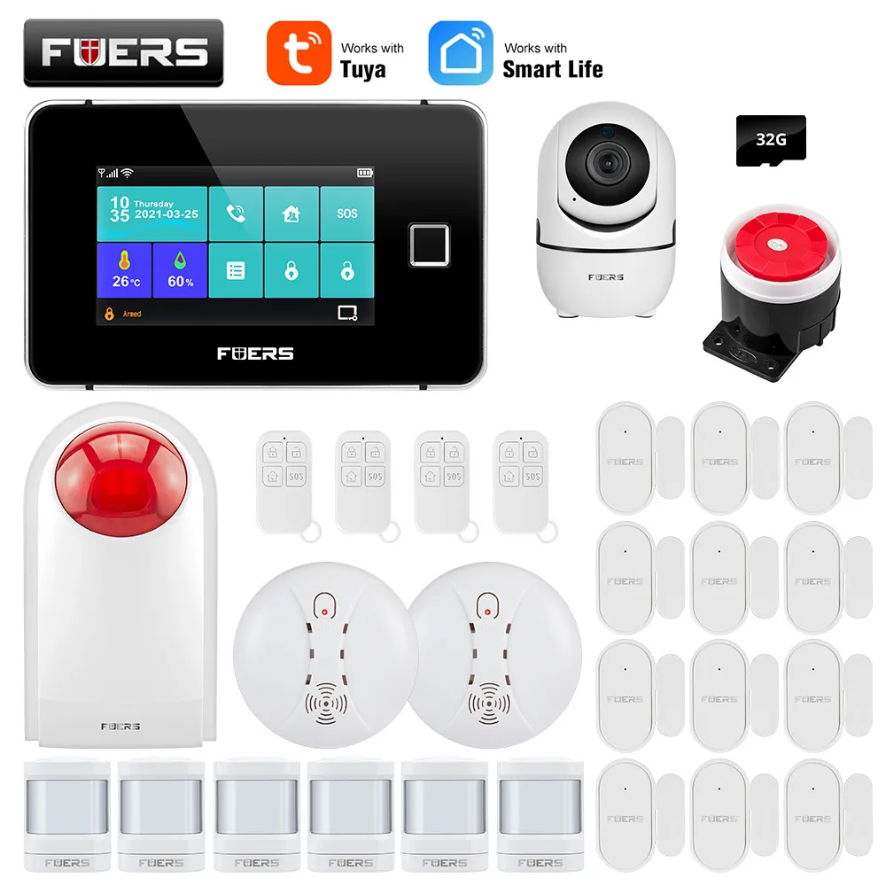 Fuers Smart Home Security Alarm System Tuya WiFi GSM Touchscreen Temperatuur Vochtigheid Display Vingerafdruk 433MHz Control Sirene