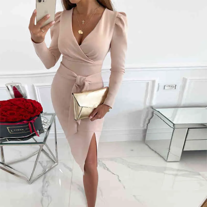 Solid Color Elegant Office Lady Dresses For Women Autumn Winter Long Sleeve Midi Dress Sexy V neck Bodycon Evening Party Dresss Y1204