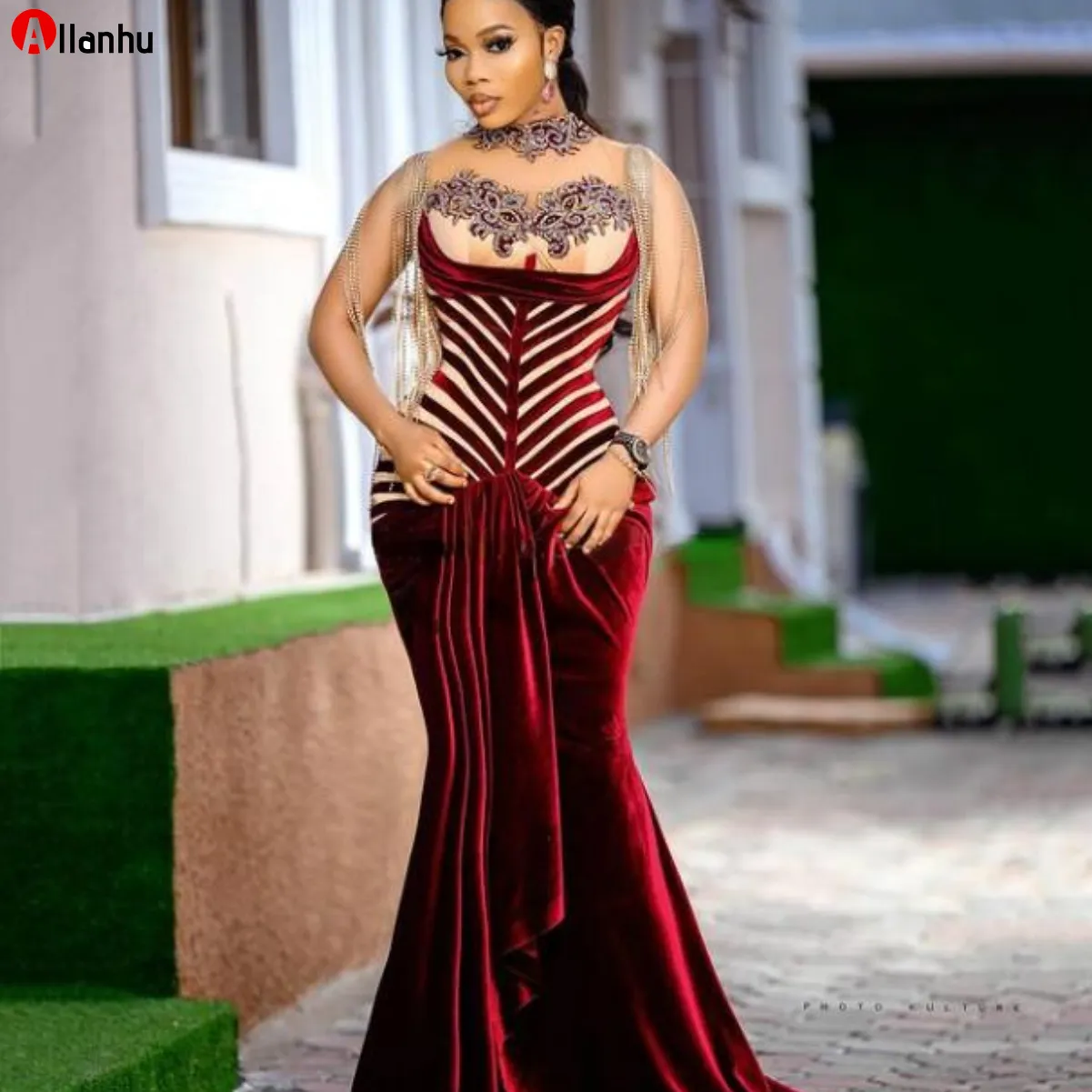 2022 Plus Size Arabisch Aso Ebi Burgund Meerjungfrau Samt Prom Kleider Sheer Neck Perlen Abend Formale Party Kleider Kleid WJY591