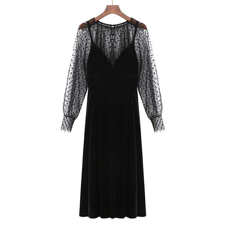 PEUT-ÊTRE U Femmes Deux Pièces Ensemble Noir Kaki Maille À Pois O Cou À Manches Longues Chemise Solide Velours V-cou Sangle Midi Robe T0321 210529