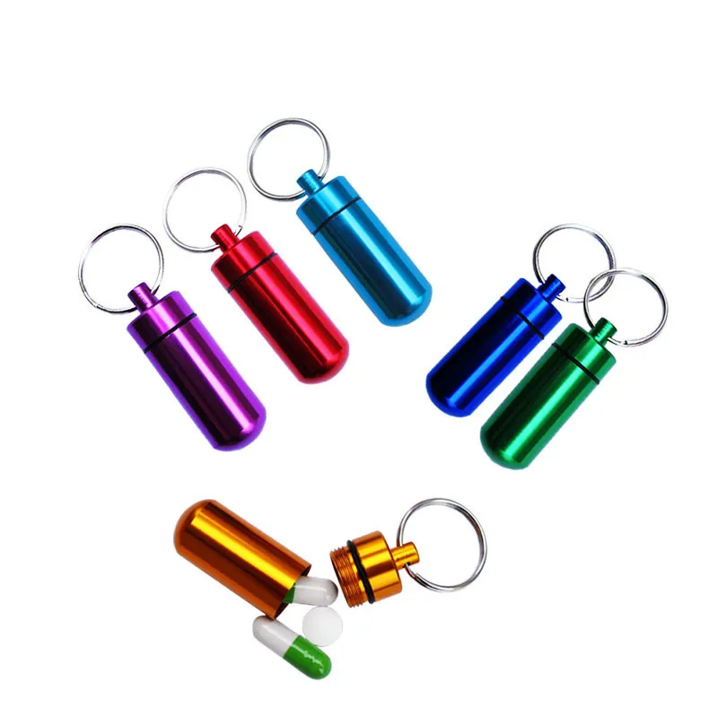 Medicine bottles key chain Waterproof Aluminum Pill Box Case with Keychain Tablet Storage Boxes Bottle Cases WY1530