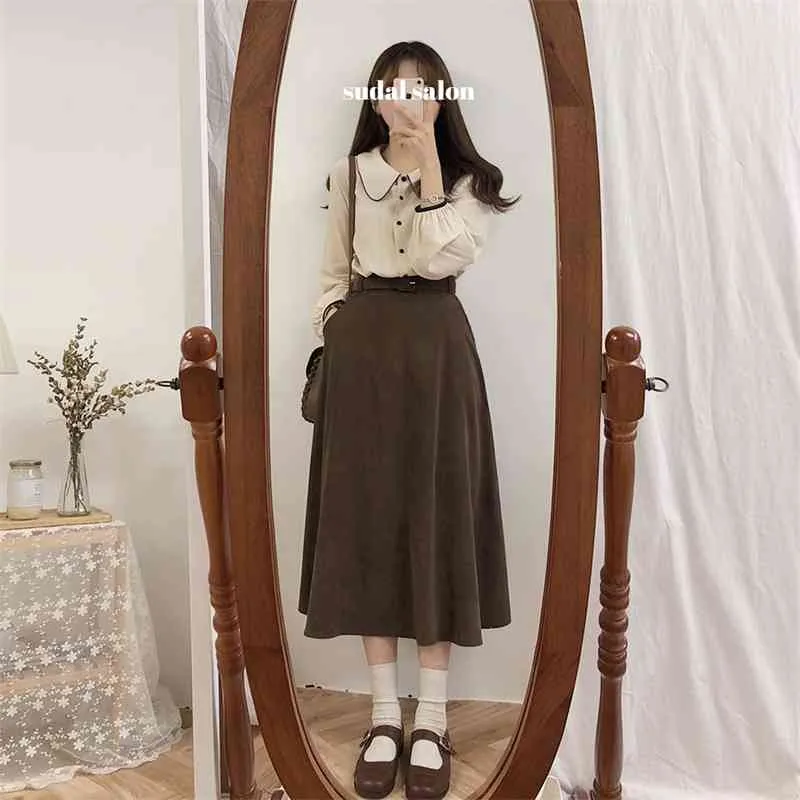 Vintage Suede Pleated Skirt For Women A Line Solid Brown Midi