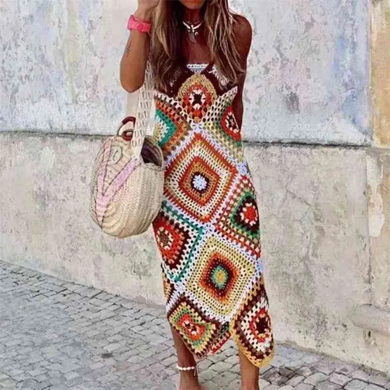 Cover Up Beach Long Colorful Swimsuit Handmade Summer Crochet wear Bathing Suit s Dress 210722