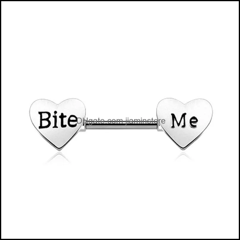 Sexty Silver Color Stainless Steel Love Heart Shape Nipple Barbell Rings Letter Body Piercing Jewelry for Women Nice Gift for Wife