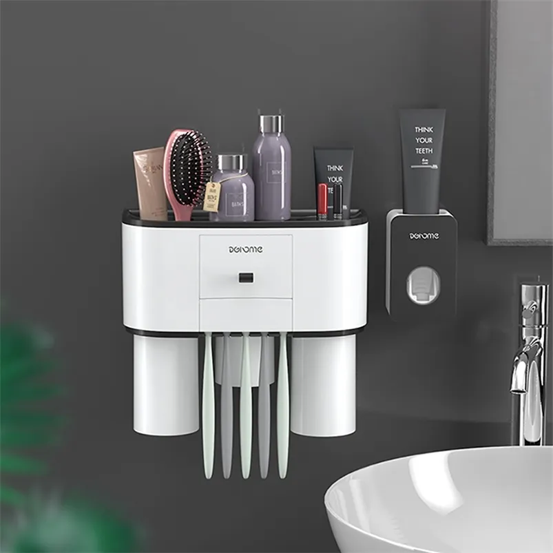 Magnetic Adsorption Toothbrush Holder Automatic Toothpaste Dispenser Squeezer Wall Mount Storage Bathroom Accessories Sets 210423