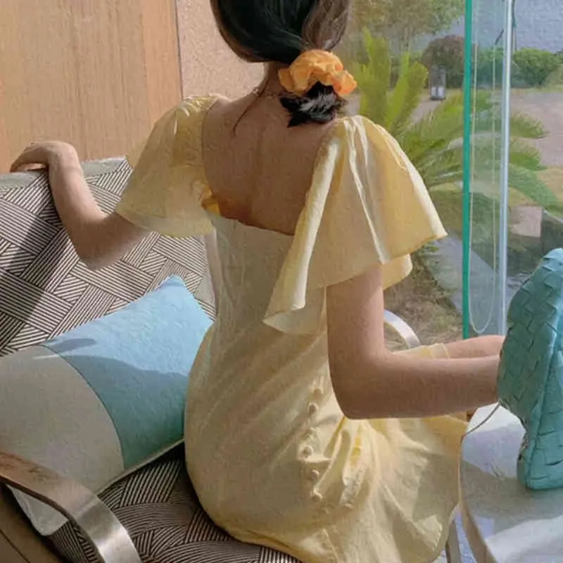 Korean Yellow Button Flare Sleeve Mini Dress with Square Collar and Zipper  Closure from Dhgate Two Piece Dress - price 55.11