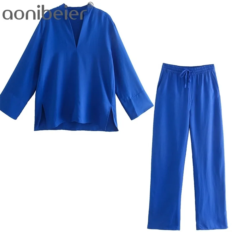 Aonibeier Za Donna Casual Traf Abiti Donna Camicia allentata estiva stile sottile + Pantaloni lunghi Tute Royal Blue Set da 2 pezzi 211126