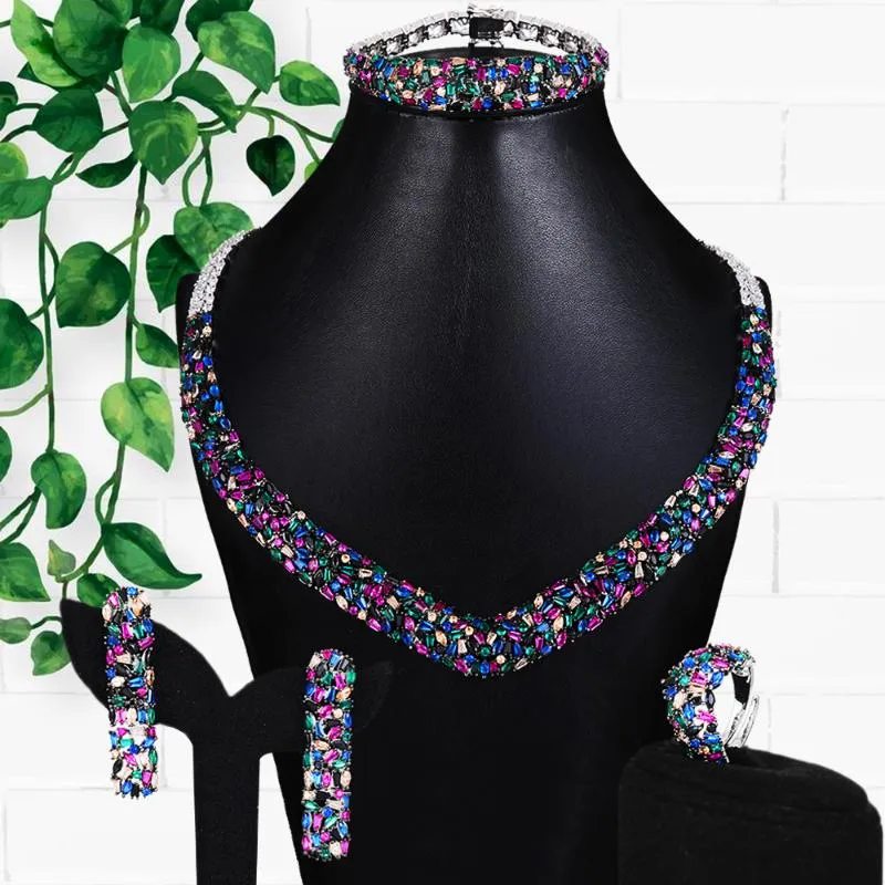 Örhängen halsband Godki Luxury Multicolor Tennis 4st Nigerian Bridal Jewelry Set for Women Wedding Zircon Dubai Set 2021