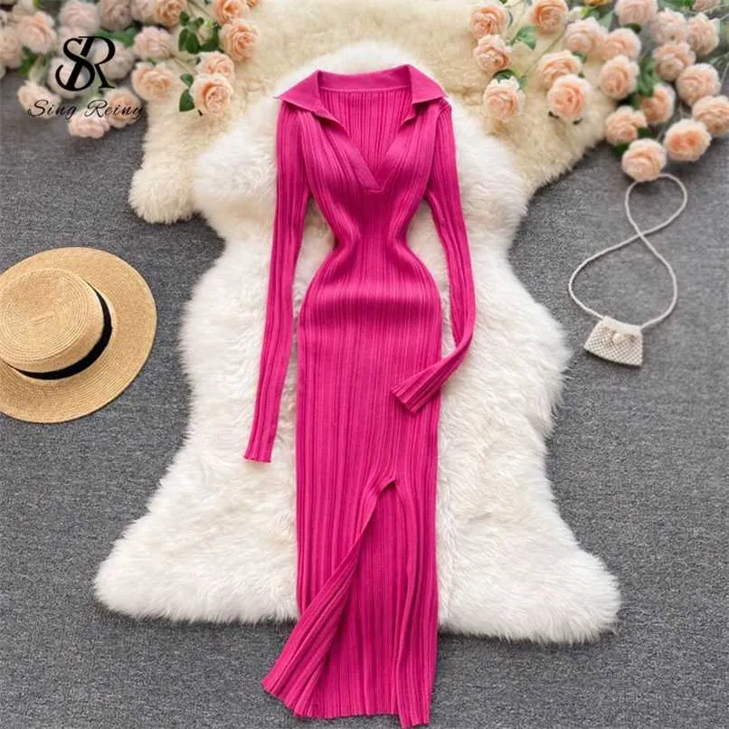 SINGREINY Women Korean Knitted Dress Long Sleeve V Neck Elastic Slim Pencil Dresses Autumn Sexy Bodycon Split Sweater Dress 211110