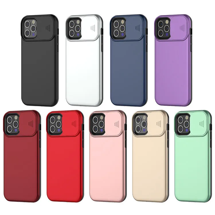 Coques de téléphone pour iphone 13 pro max 12 11 7 8 plus XR S22PLUS S22 Ultra, étui TPU PC Armor, fenêtre coulissante, protection complète de l'objectif de la caméra, couverture arrière