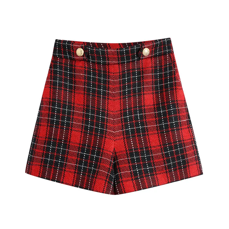 Fashion Plaid Twill Shorts Women Vintage Decorative Metal Buttons High Waist Back Zipper Female Short Pants Mujer 210430