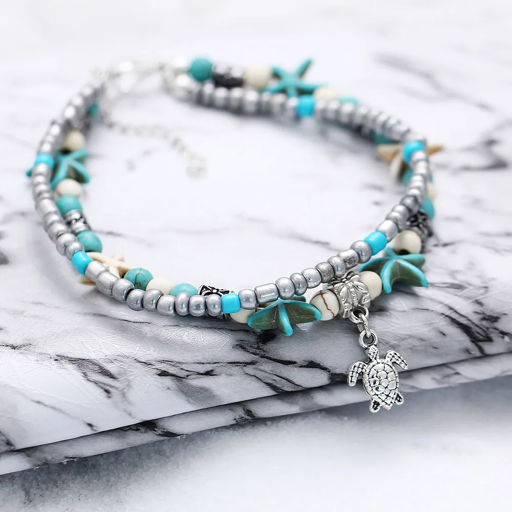 Bohemian Starfish Turtle Anklets för kvinnor Boho Elephant Owl Wave Charm Pärlor Stenkedja Ankelarmband på benstrandsmycken