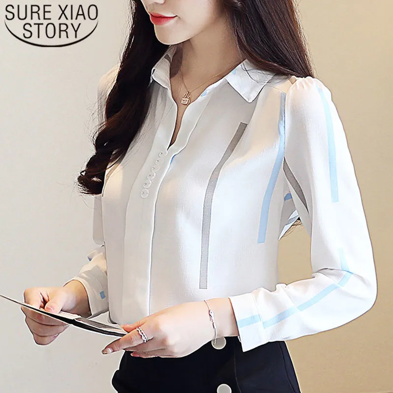 Bluse Frauen Gestreiftes Chiffon Langarm Frau V-Ausschnitt OL Slim Fit Blusas Femininas Shirts Damen Tops 0973 30 210415