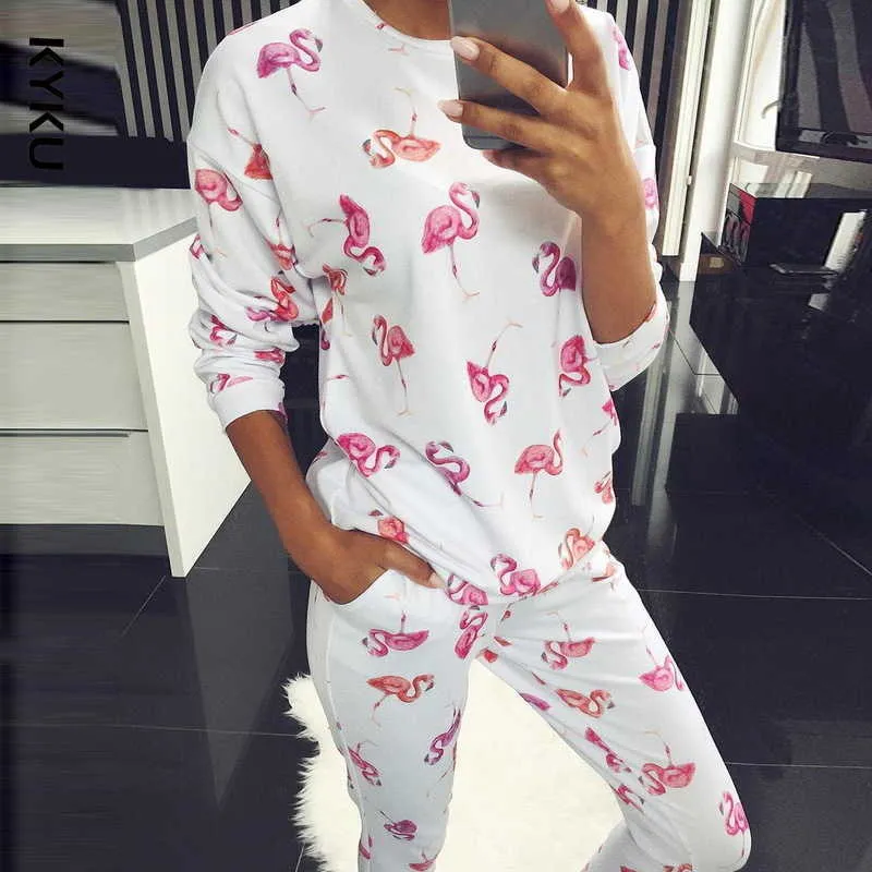 Pyjamas Women Full Sleeve Cotton Pajama Sets Cartoon Flamingo Couple Pajamas For Women Sleepwear Flower Pijama Mujer Y0702