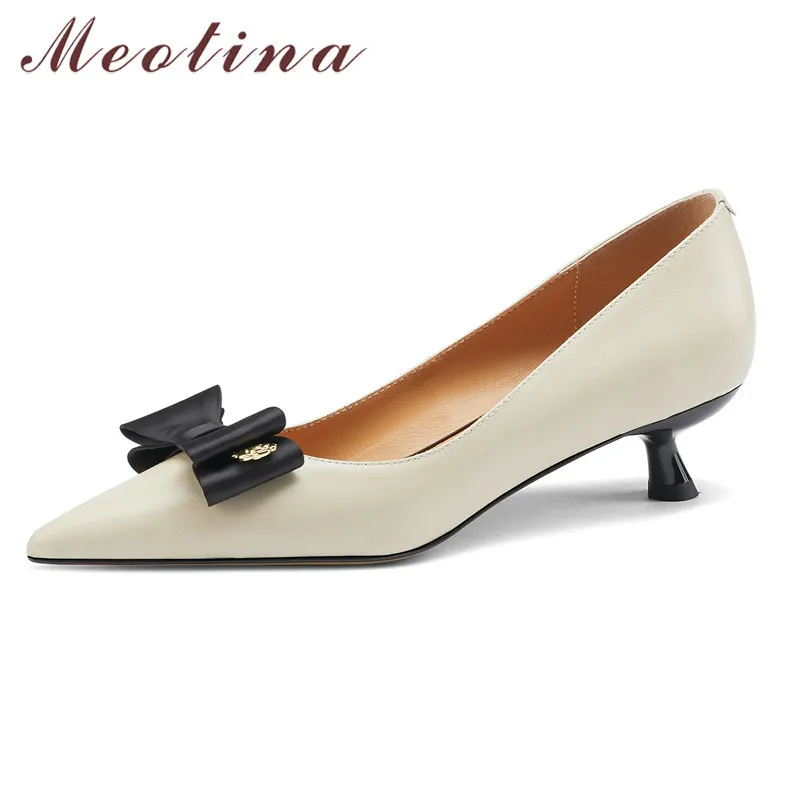 Meotina Kid Suede Mid Heel Kobiety Buty Prawdziwe Skórzane Palec Palec Eleganckie Pompy Łuk Stiletto Obcasy Płytkie Dress Obuwie Kobieta 210520