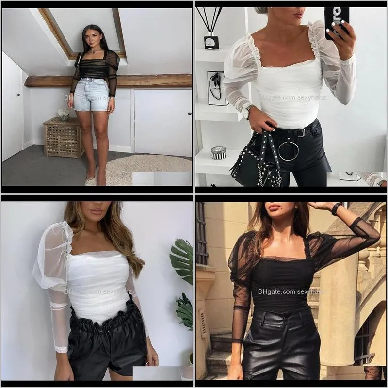 white puff sleeve sexy tulle blouses ladies long sleeve tops backless white shirts blusa autumn streetwear fit slim clubwear1