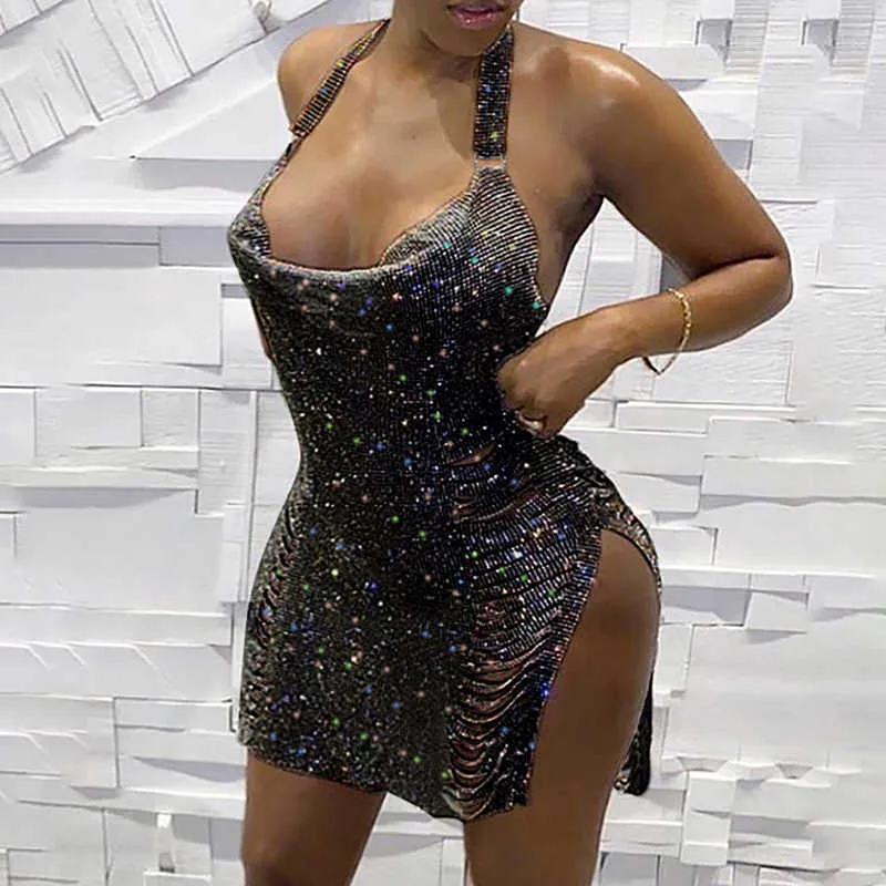 Women's Sparkle Sequin Halter Dress - Crisscross Backless Mini With Fringe Hem | Clubwear