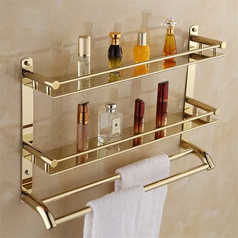Bathroom Towel Shelf 2 Layer Gold Shower Rack Number Accessories Corner Storage Holder Shelves Bath Hardware Set 211112