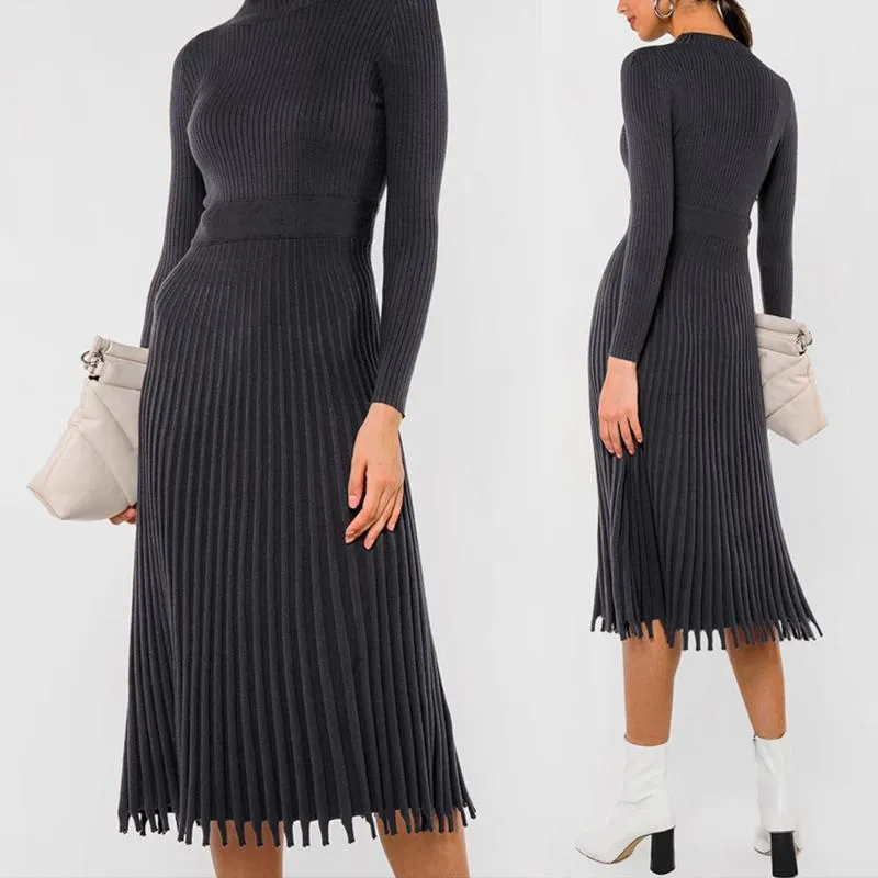 Färg Kvinnor Långärmad Ribbed Knit Midi Sweater Klänning Mock Neck Slim Fit Pläterad Flare Hög midja Solid Streetwear