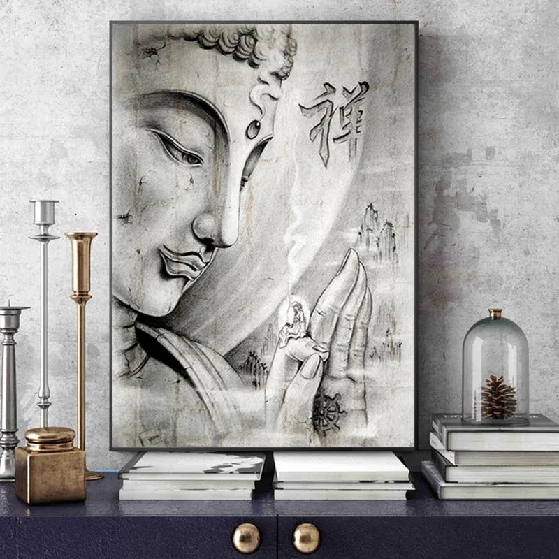 Målningar Abstrakt Svart Vit Religion Buddha Staty Canvas Målning Posters och Tryck Väggkonst Bilder Vardagsrum Heminredning