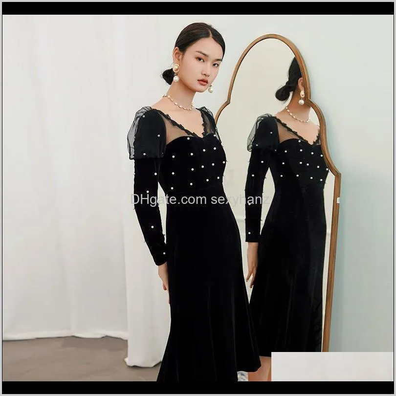 yigelila women vintage velvet dress elegant v-neck mermaid dress empire slim black 66014