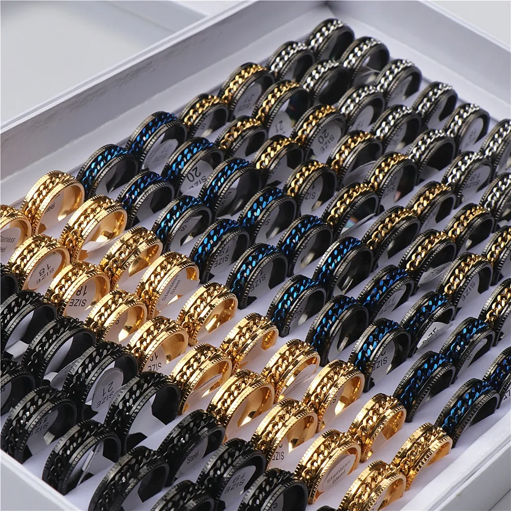 20st Ringar Cool Spinner Chain Rostfritt stål Roterbar Ring för kvinnor Mäns Smycken Party Gifts Mix Färg Partihandel