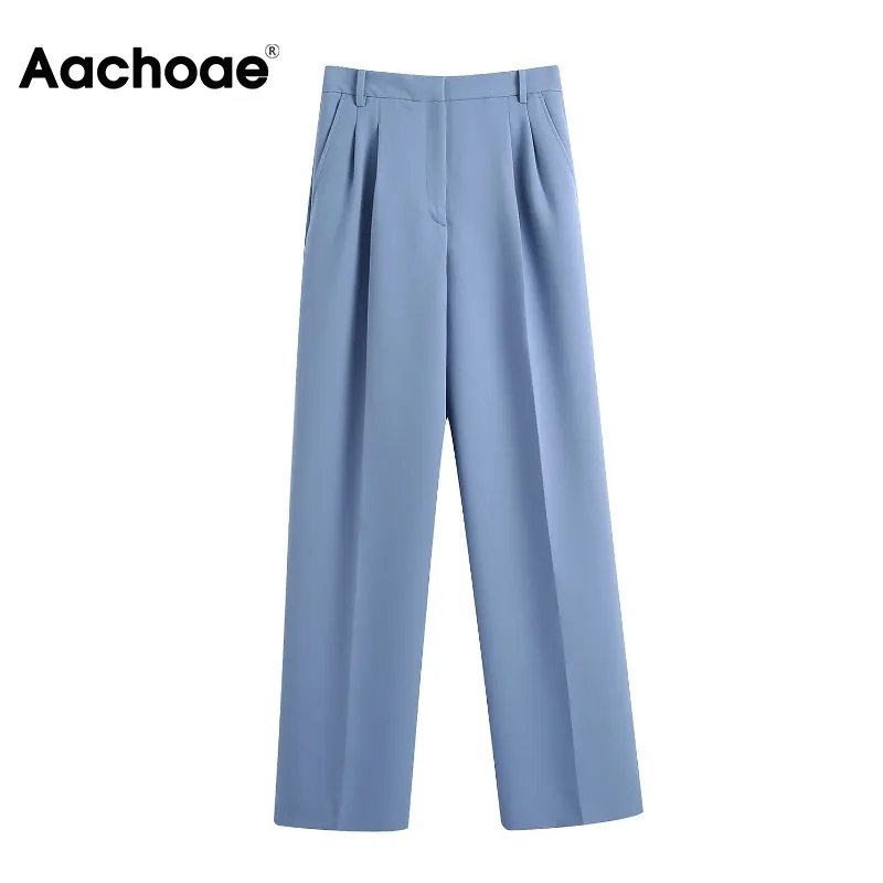 Elegant Blue Color Long Women Pleated Office Wear Lady Trousers Zipper Fly Vintage Straight Pants Pantalones 210413