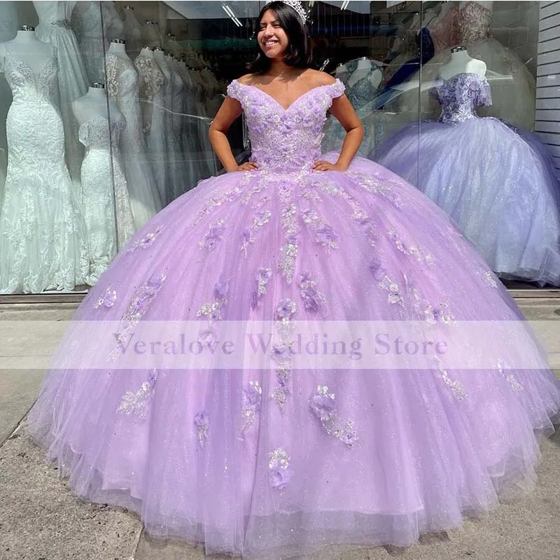 パープルふくらん夜会服キンセアニェラ ドレス アップリケ Foral Sweet 16 ドレス Vestido De 15 Anos Quinceanera 2021