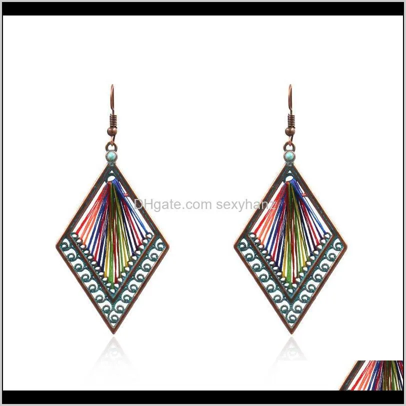 bohemia hollow out rhombus colorful cord handmade long pendant earrings women fashion ear hooked eardrop jewelry party gifts accessory