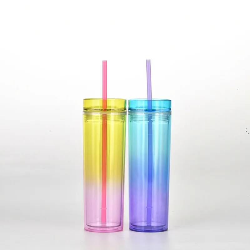 450 ml Fashion Gradient Tumblers Straight Cup Skinny Dubbel Plast Halmkoppar med lock 4 Style T500722