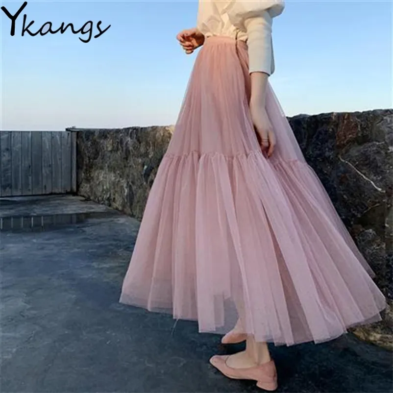 Vintage rosa tutu pläterade kjol kvinnor svart hög midja lyx tulle långa kjolar elegant kvinnlig sommar mesh kläder streetwear 210421